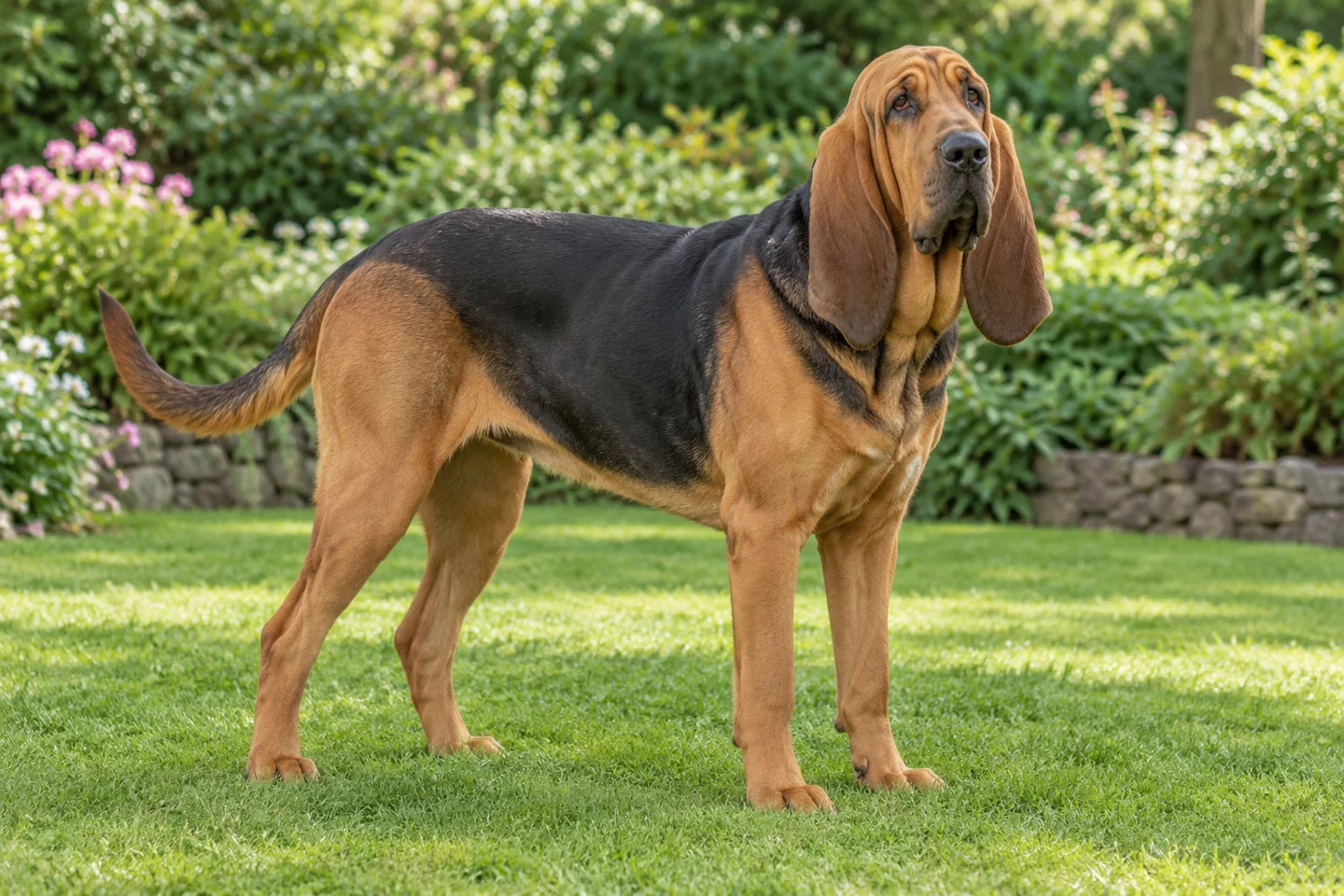 Bloodhound adult standing on grass in natural light