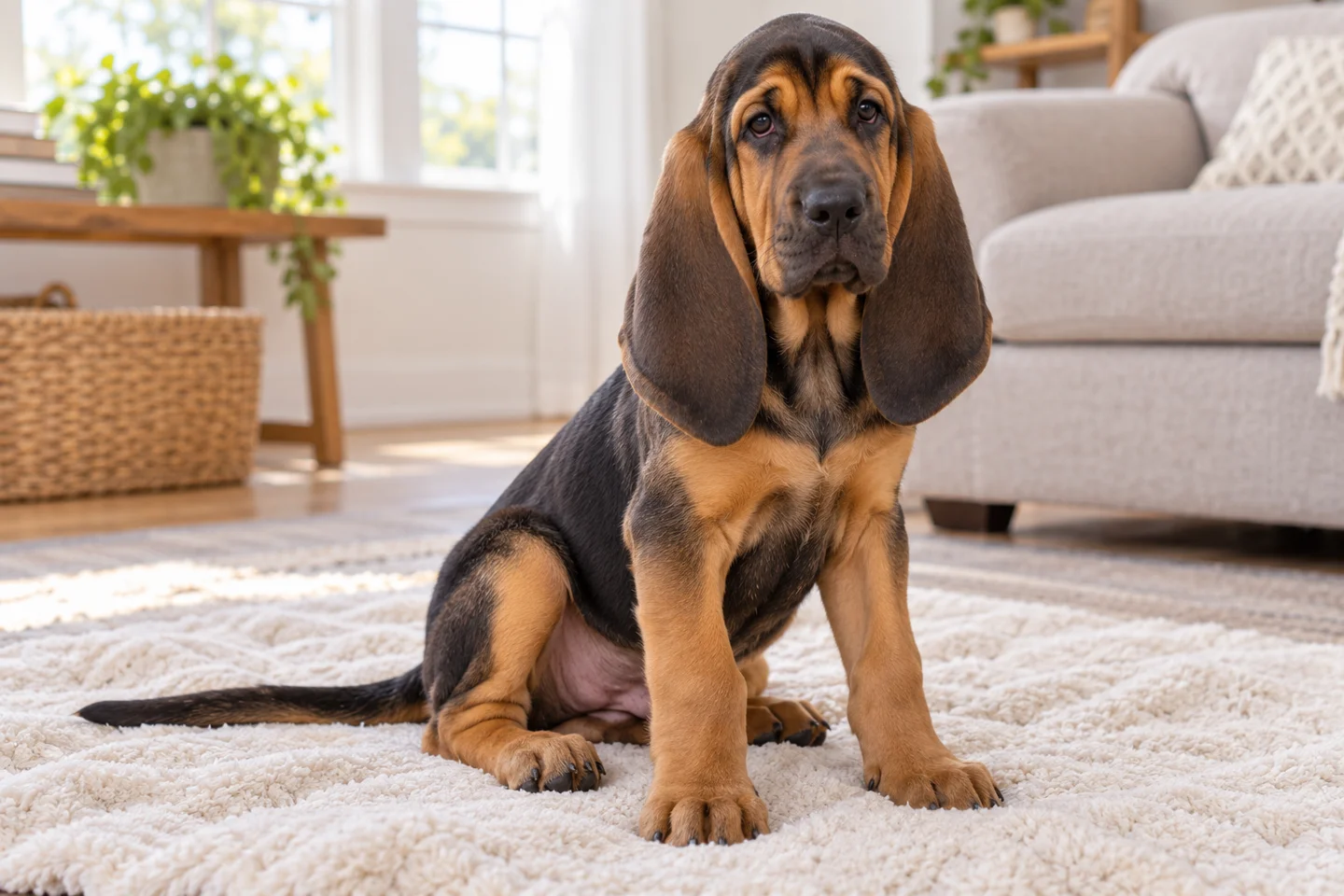 Bloodhound puppy resting on a blanket in a bright home