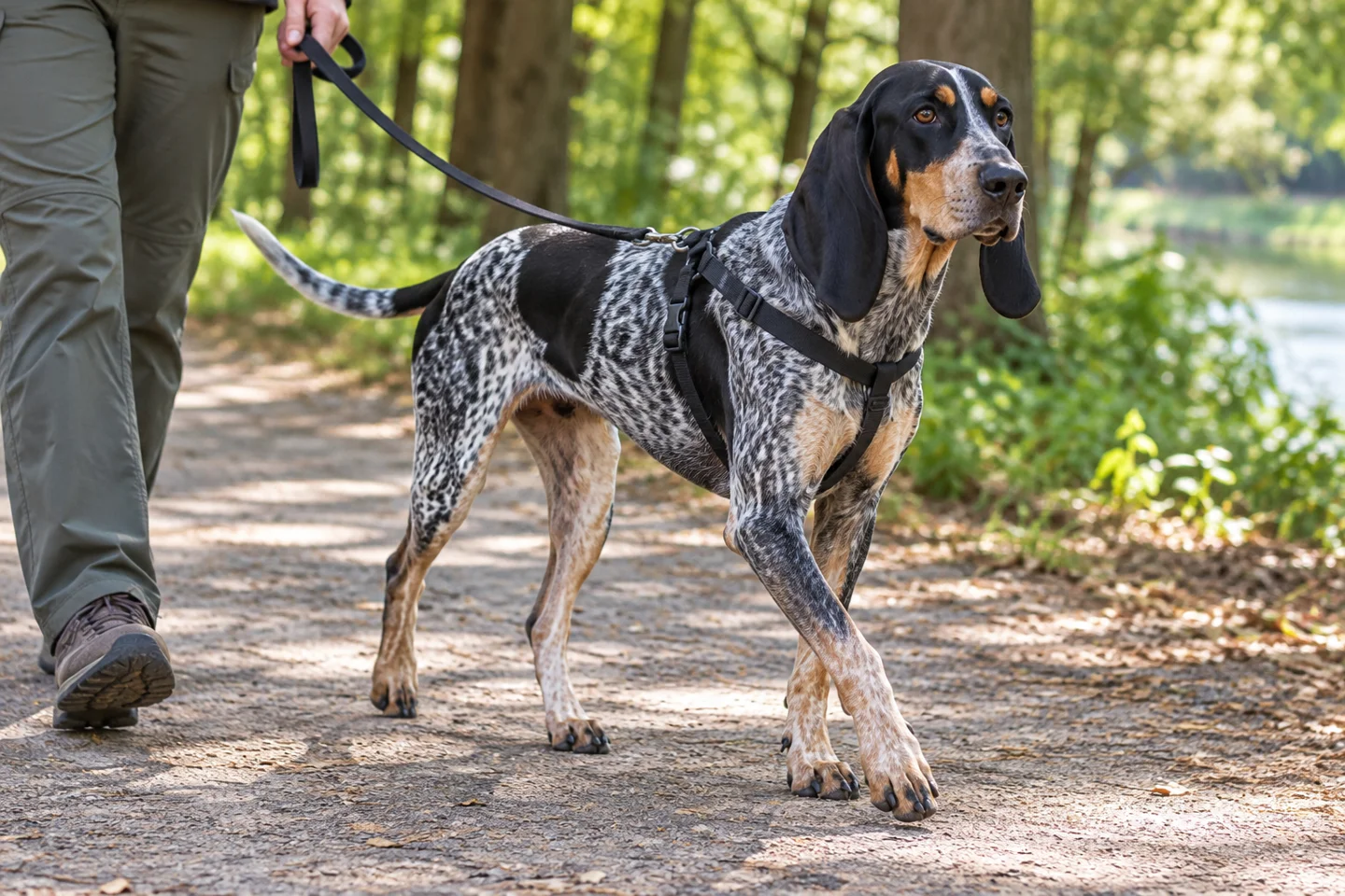 Bluetick Coonhound adult walking in a harness with an adult on a quiet path