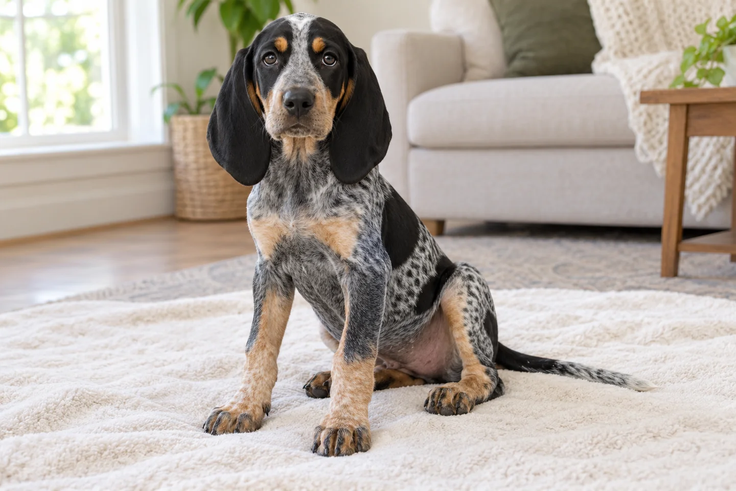 Bluetick Coonhound puppy resting on a blanket in a bright home