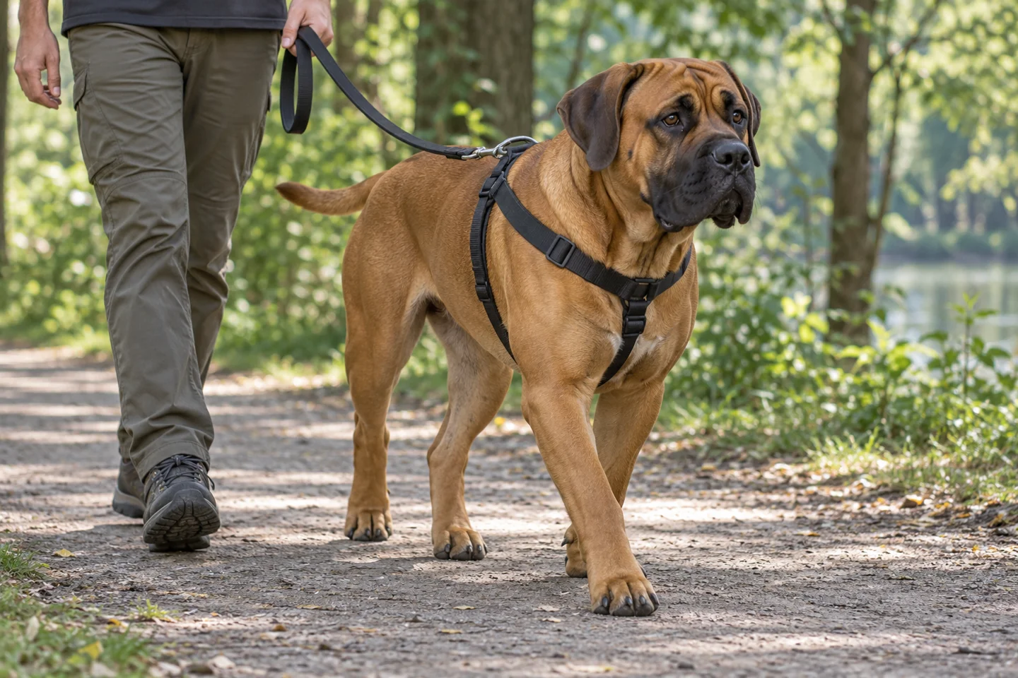 Boerboel adult walking in a harness with an adult on a quiet path