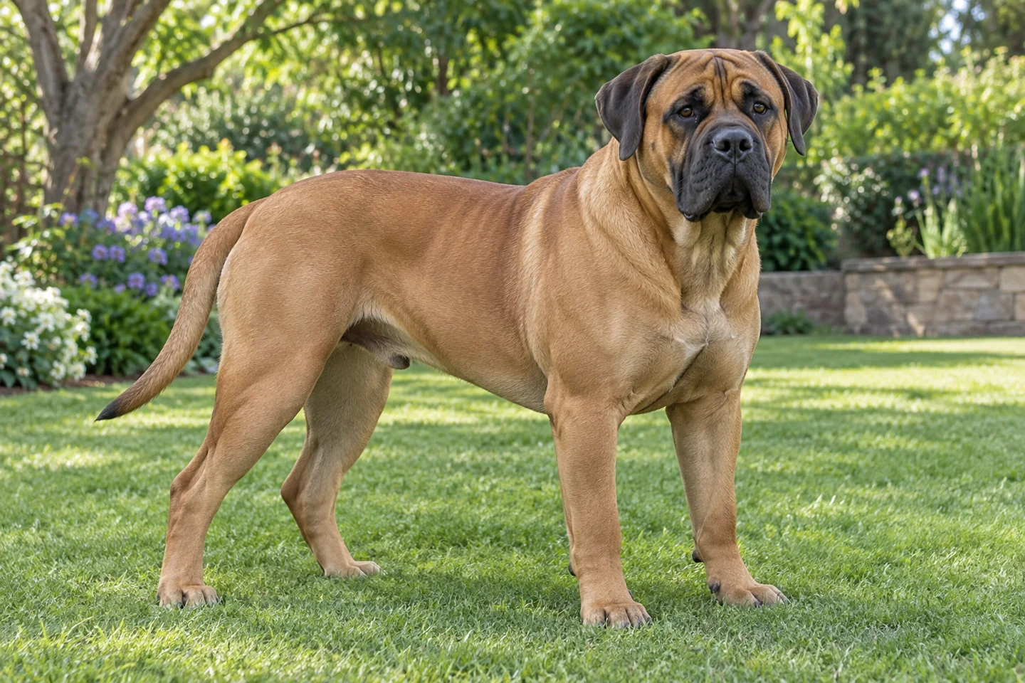 Boerboel adult standing on grass in natural light