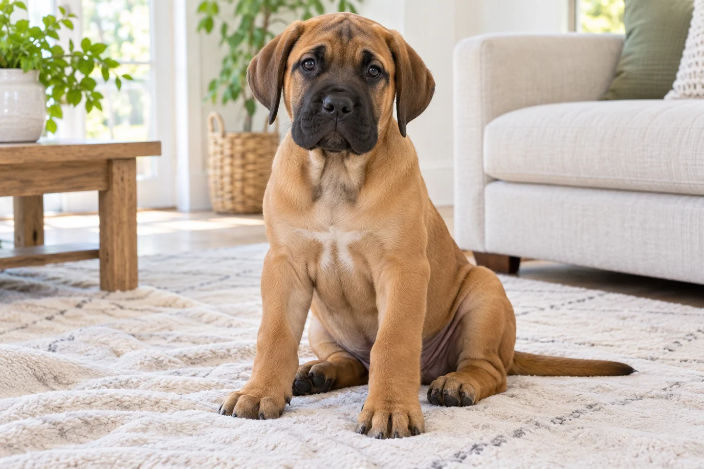 Boerboel puppy resting on a blanket in a bright home
