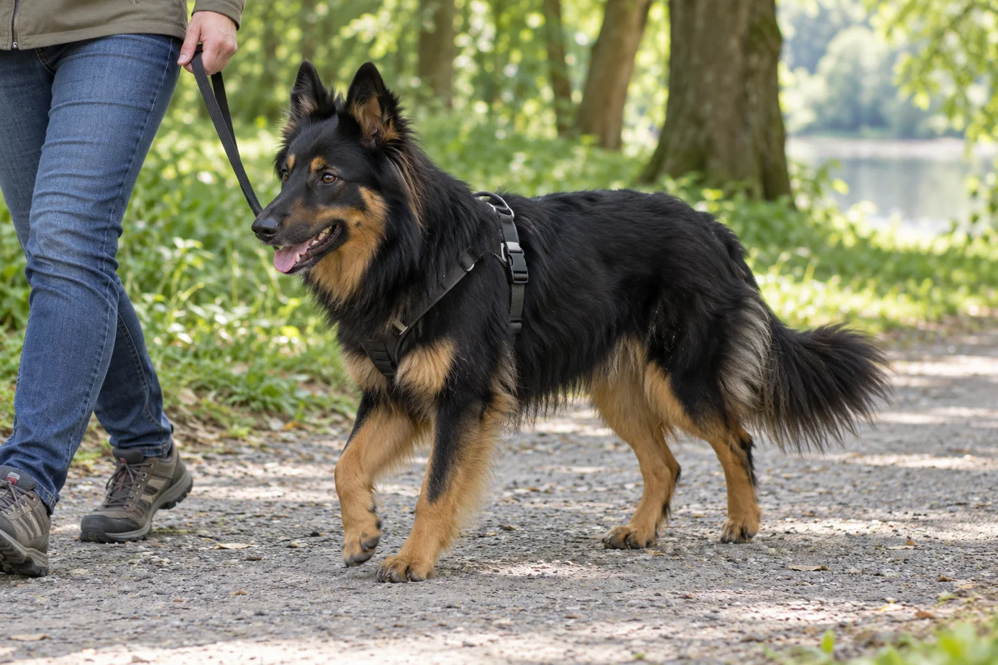 Bohemian Shepherd adult walking in a harness with an adult on a quiet path