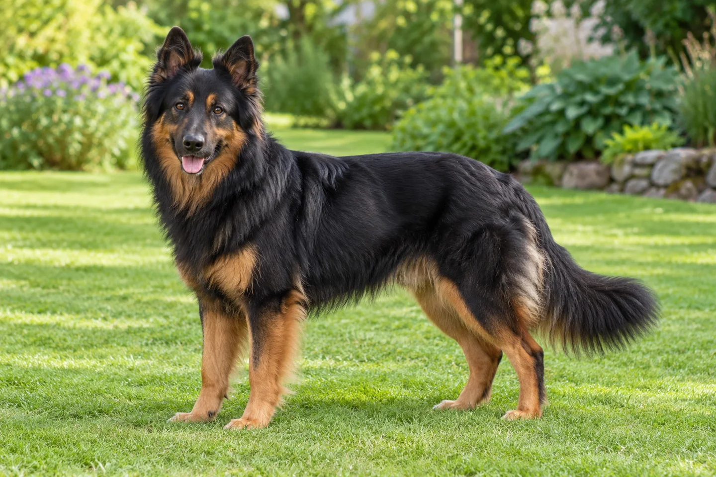 Bohemian Shepherd adult standing on grass in natural light