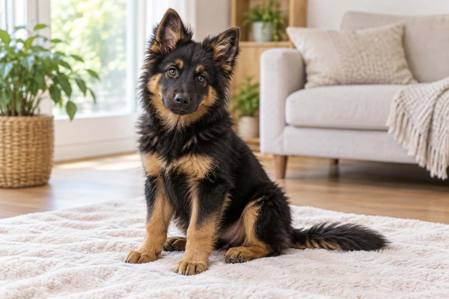 Bohemian Shepherd puppy resting on a blanket in a bright home