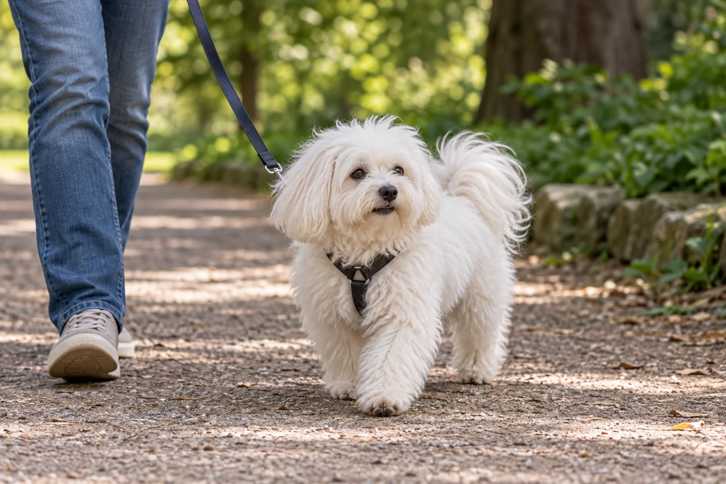 Bolognese adult walking in a harness with an adult on a quiet path