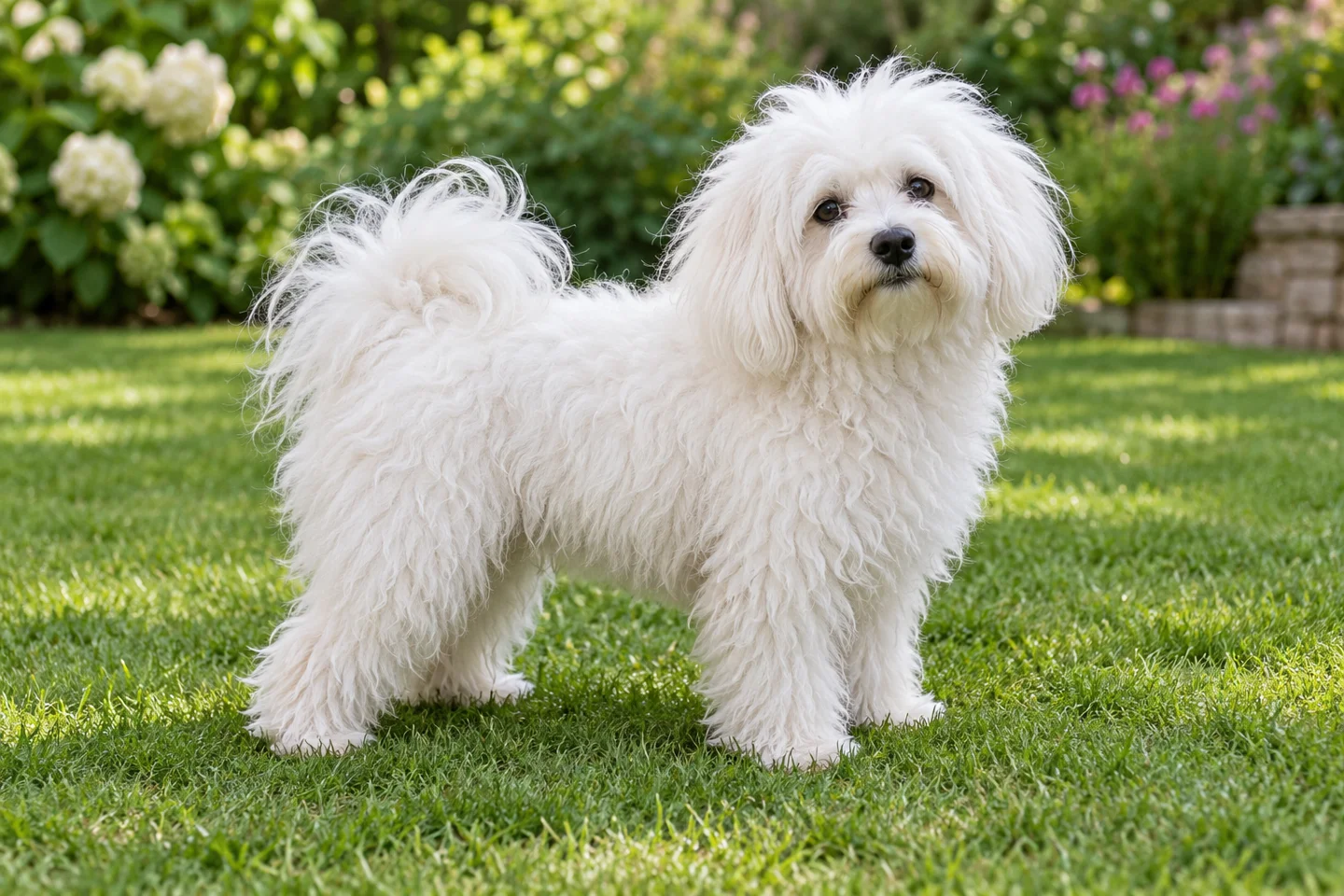 Bolognese adult standing on grass in natural light