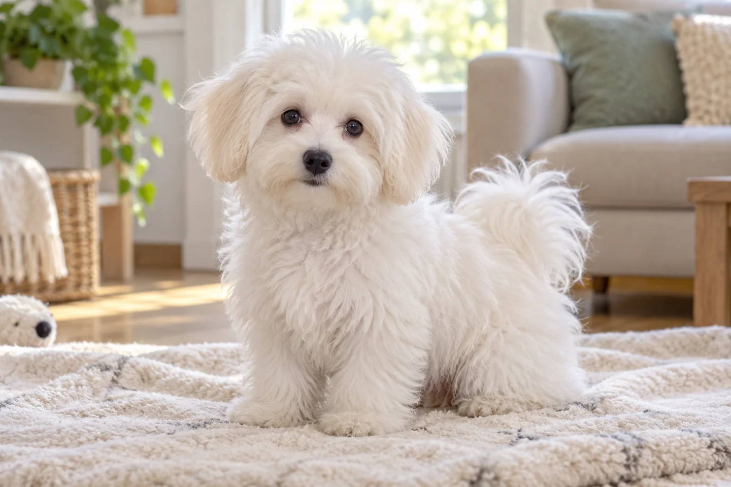 Bolognese puppy resting on a blanket in a bright home