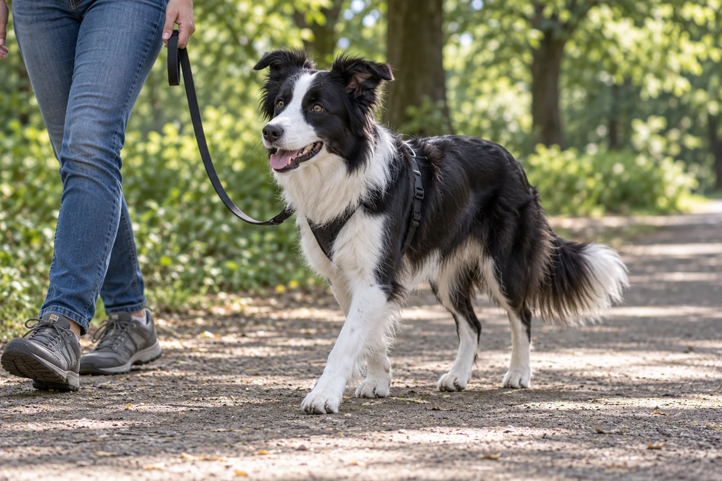 Border Collie adult walking in a harness with an adult on a quiet path