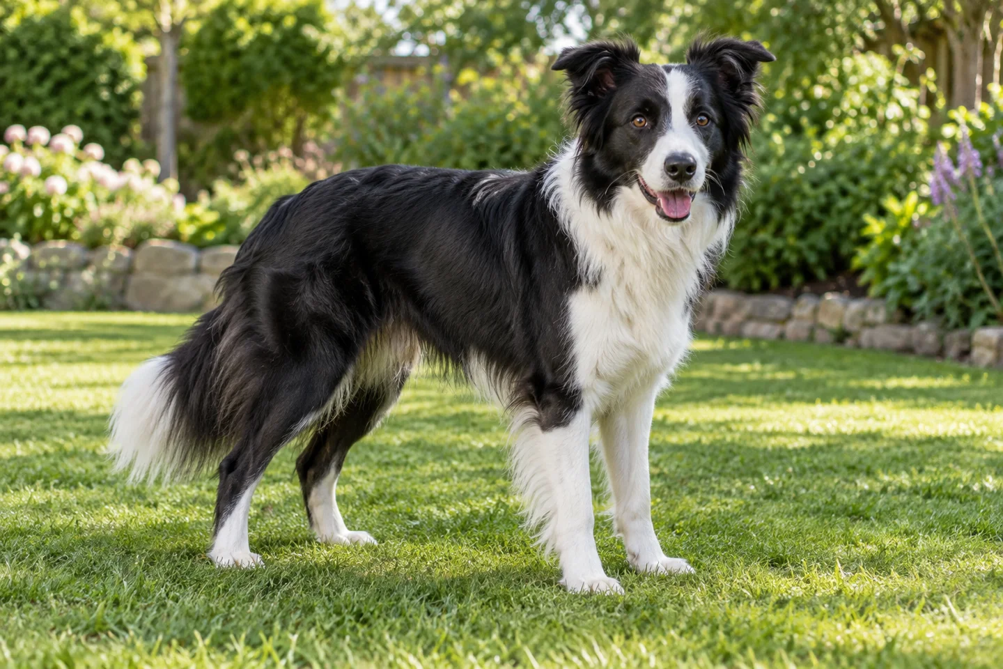 Border Collie adult standing on grass in natural light