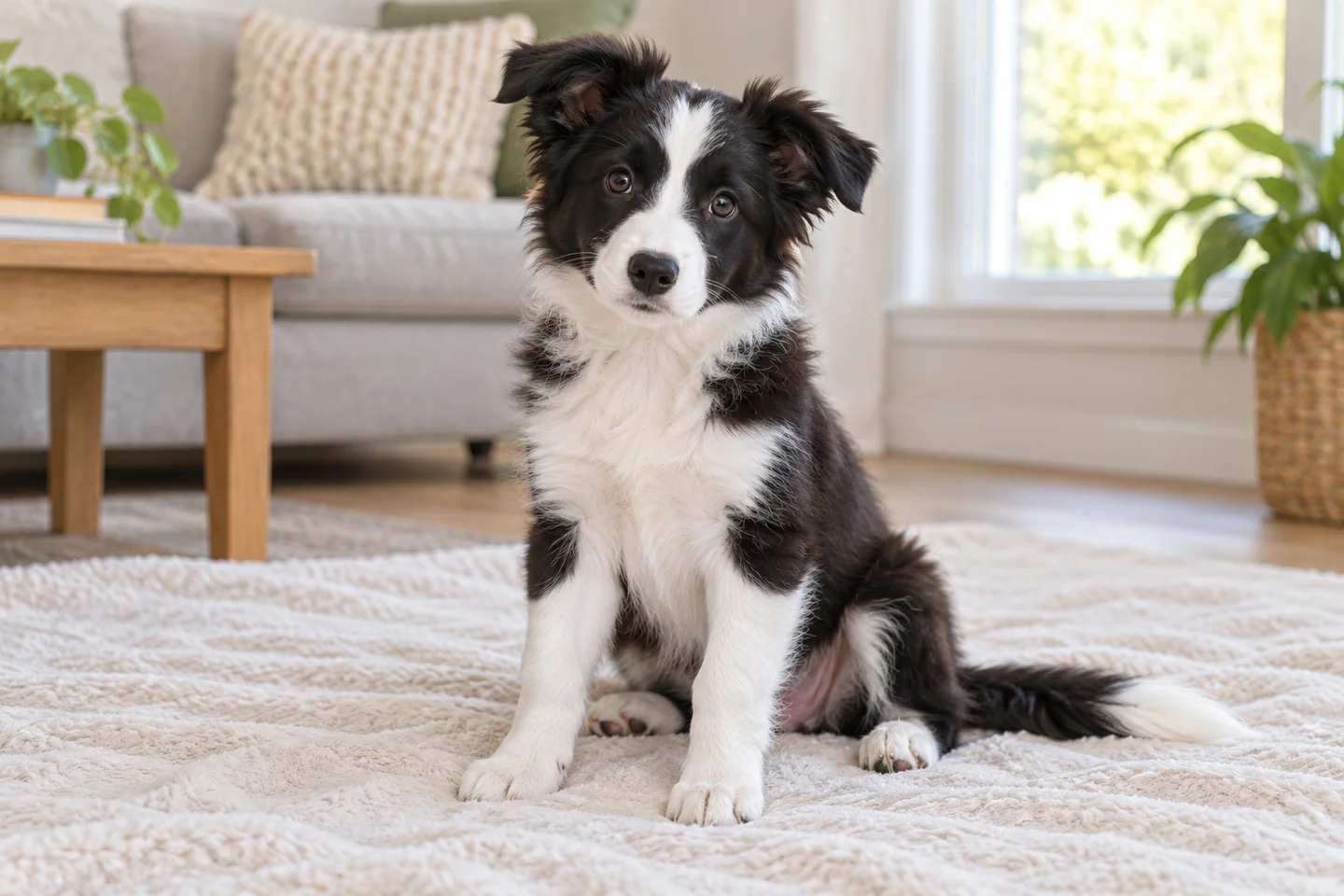 Border Collie puppy resting on a blanket in a bright home