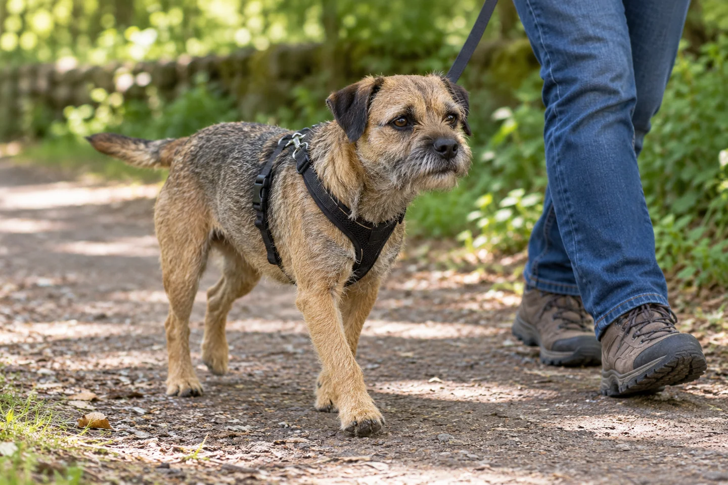 Border Terrier adult wearing a harness on a quiet walk