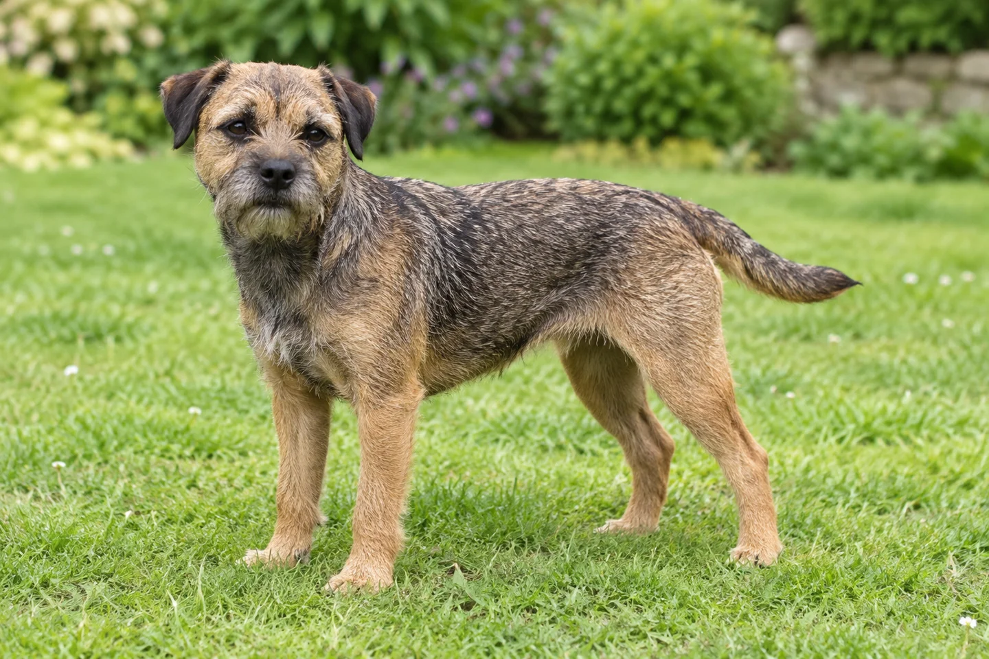 Border Terrier adult standing in a quiet outdoor setting