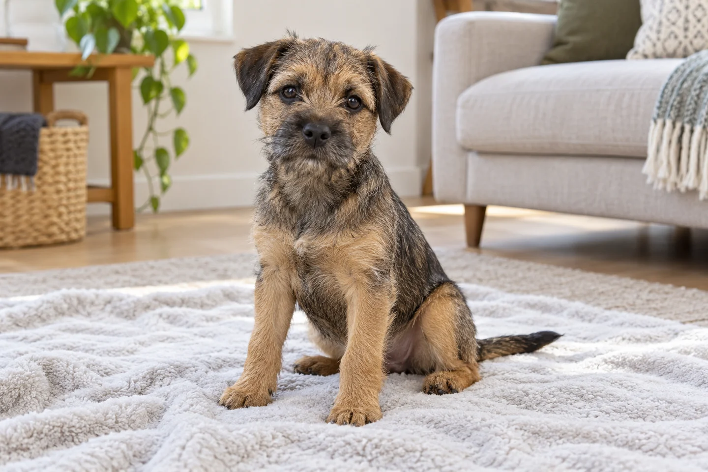 Border Terrier puppy resting in a bright indoor setting