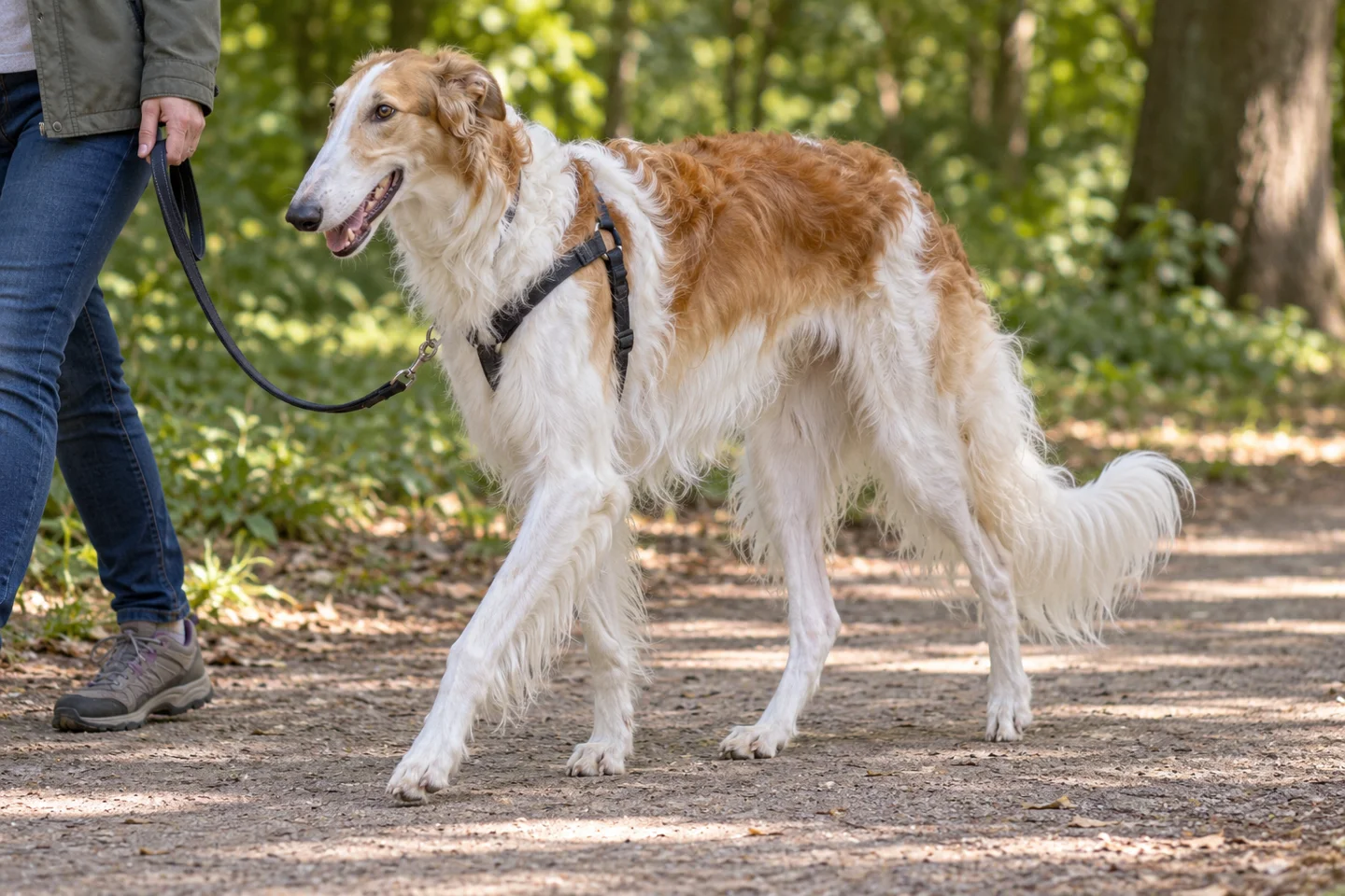 Borzoi adult wearing a harness on a quiet walk