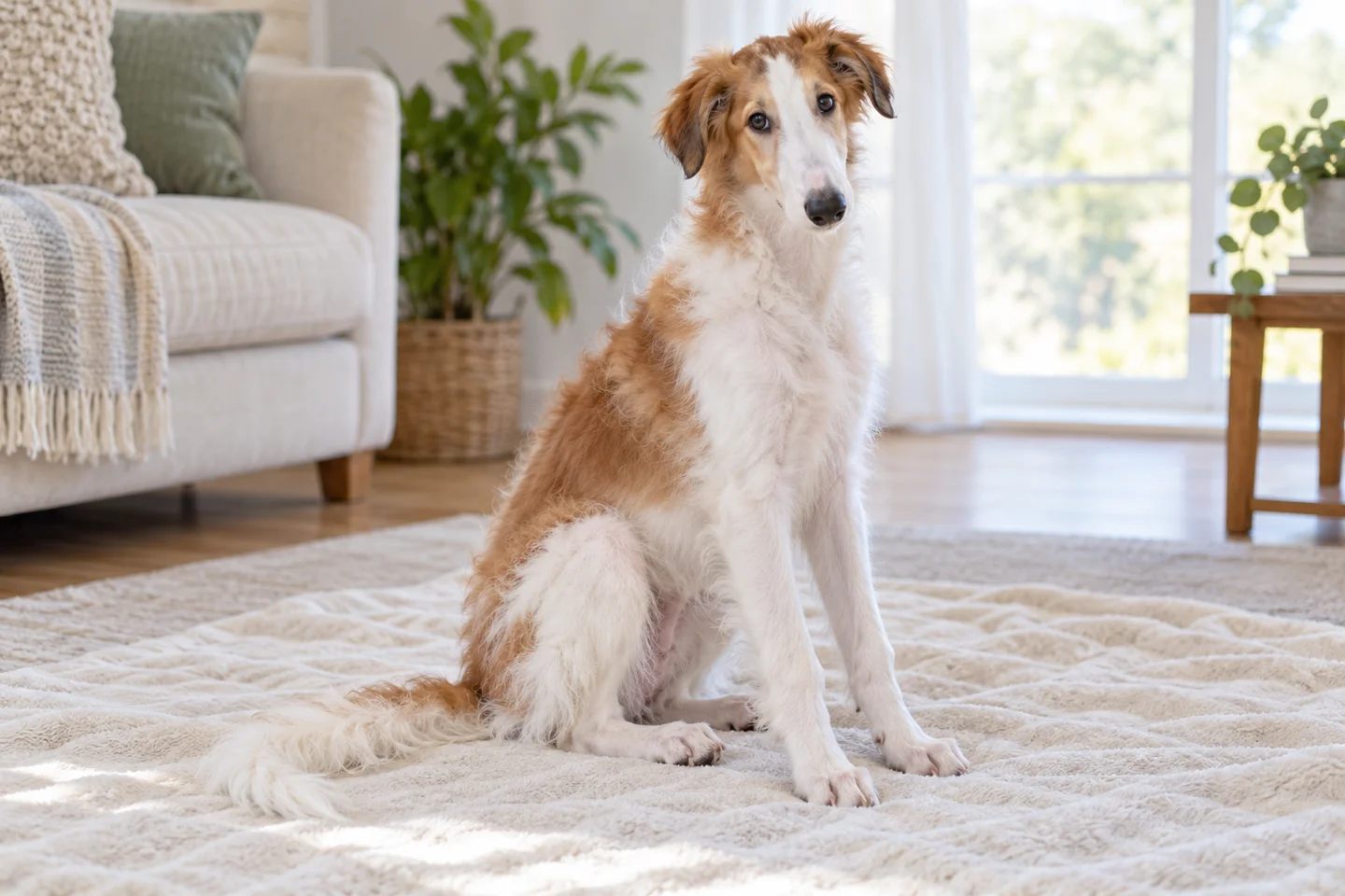 Borzoi puppy resting in a bright indoor setting