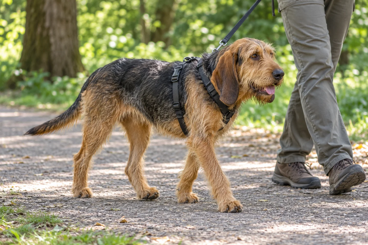 Bosnian Coarse-haired Hound adult wearing a harness on a quiet walk