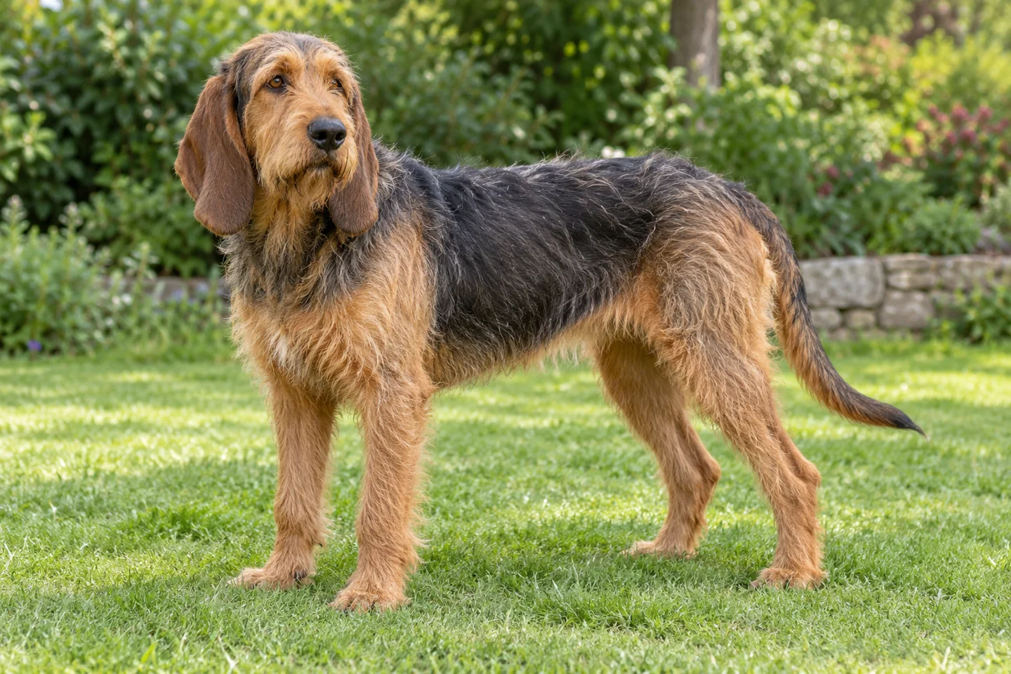 Bosnian Coarse-haired Hound adult standing in a quiet outdoor setting
