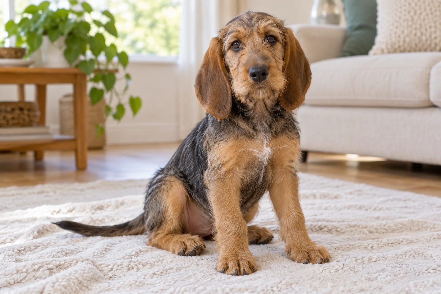 Bosnian Coarse-haired Hound puppy resting in a bright indoor setting