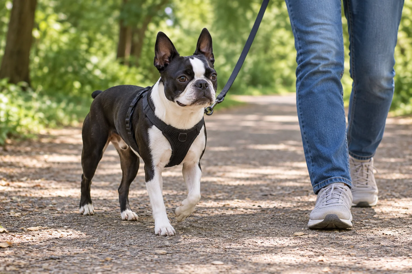Boston Terrier adult wearing a harness on a quiet walk