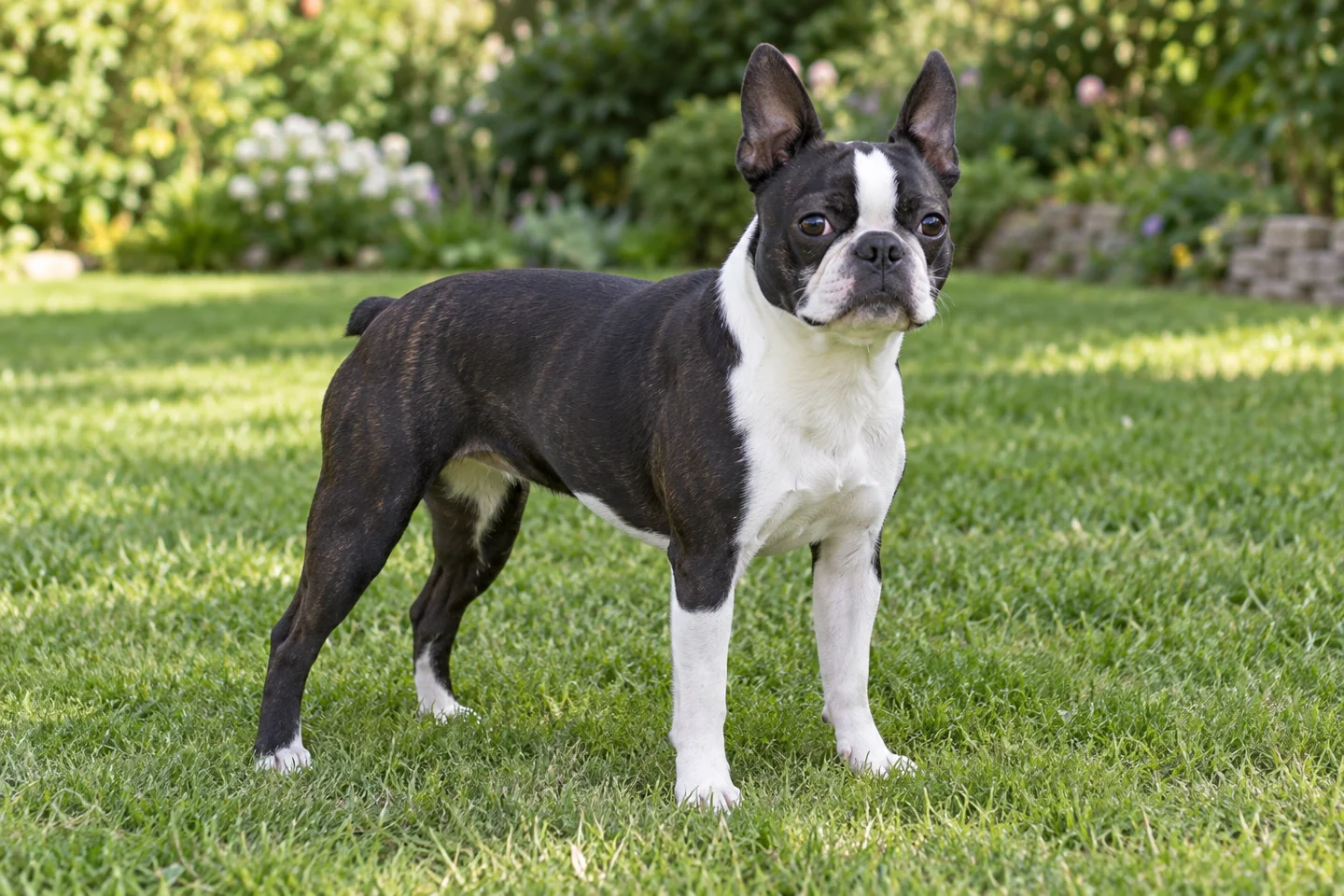 Boston Terrier adult standing in a quiet outdoor setting