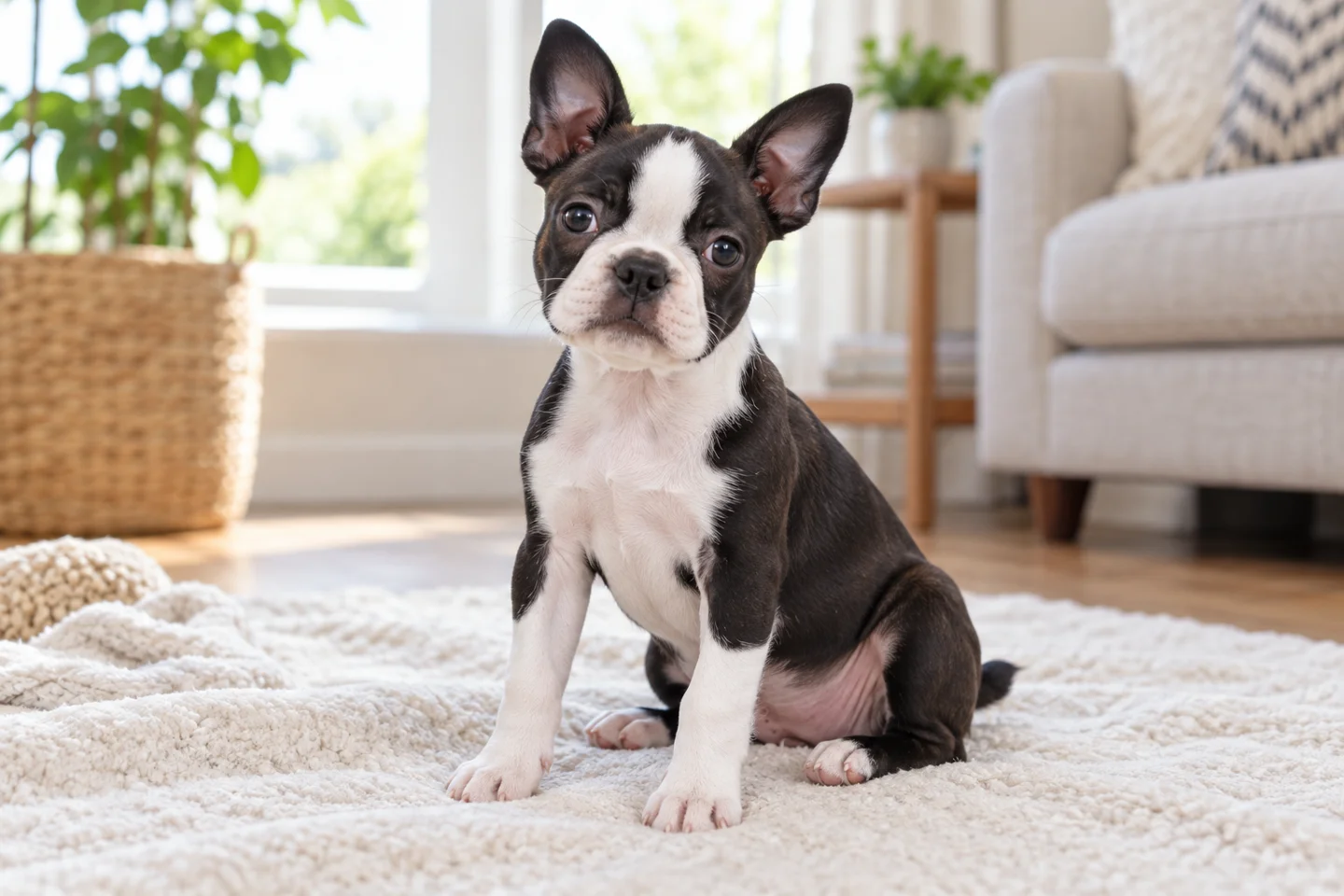 Boston Terrier puppy resting in a bright indoor setting