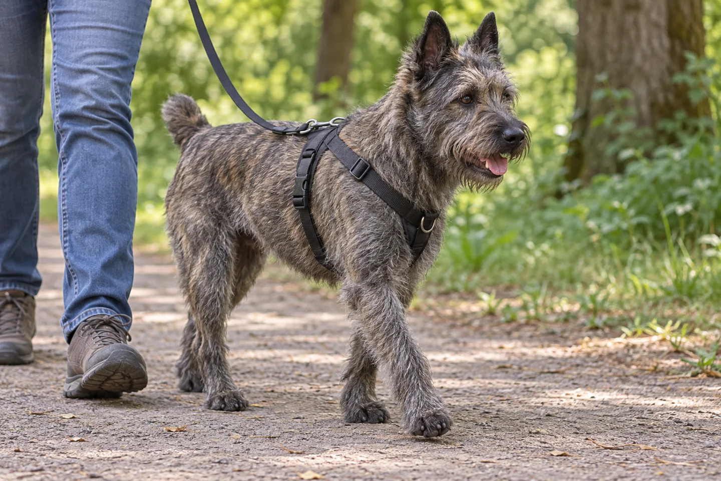 Bouvier des Ardennes adult wearing a harness on a quiet walk