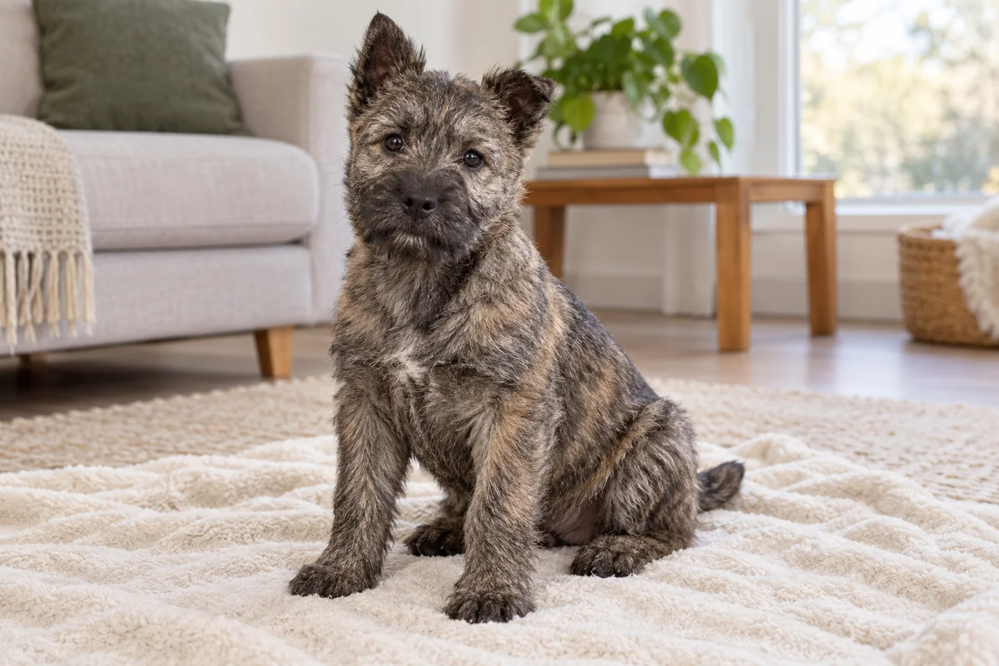 Bouvier des Ardennes puppy resting in a bright indoor setting