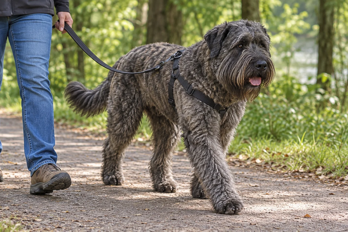 Bouvier des Flandres adult wearing a harness on a quiet walk