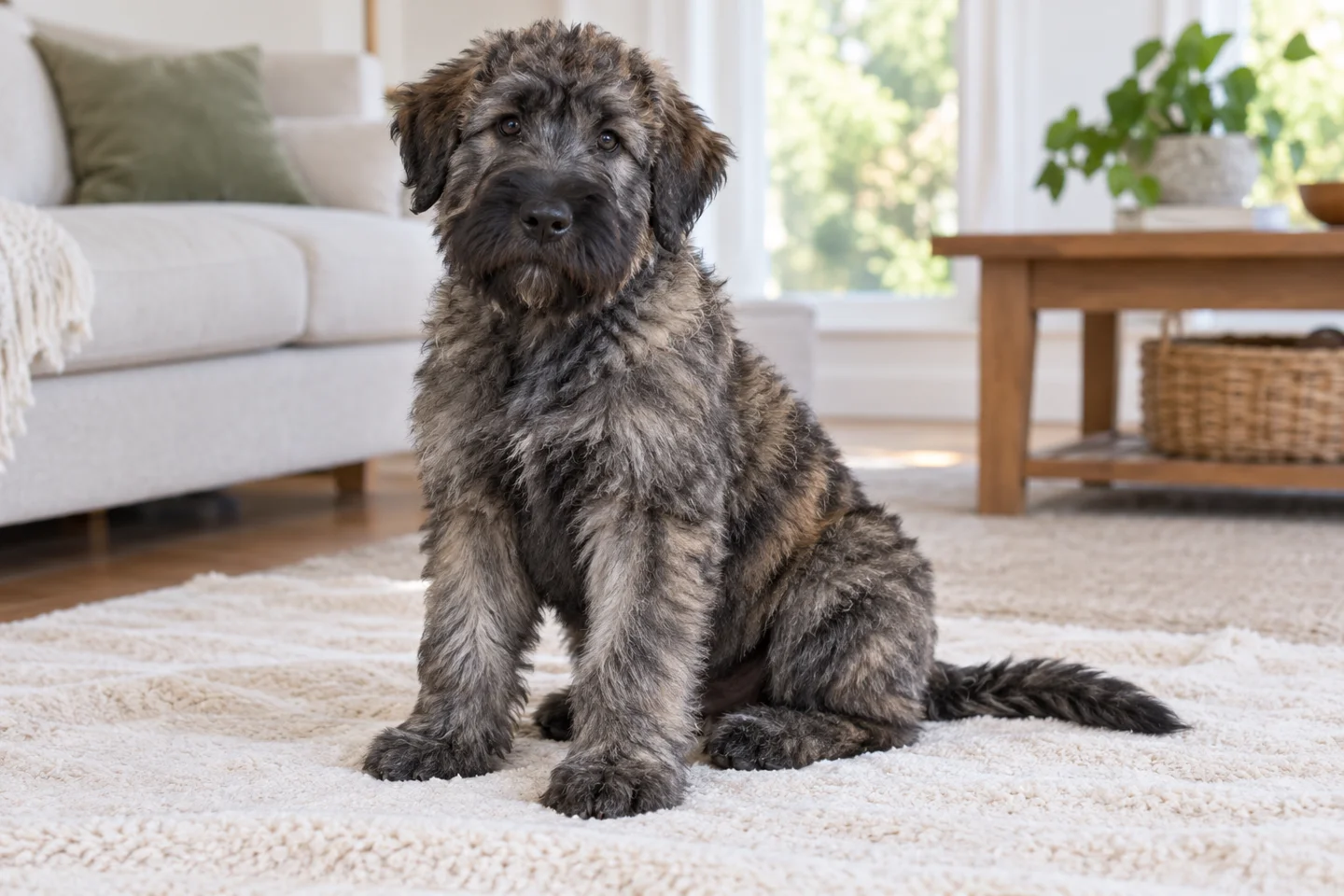 Bouvier des Flandres puppy resting in a bright indoor setting