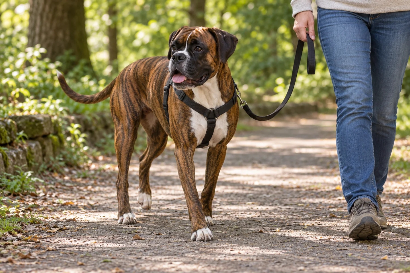 Adult brindle Boxer walking calmly in a harness on a shaded park path beside a person