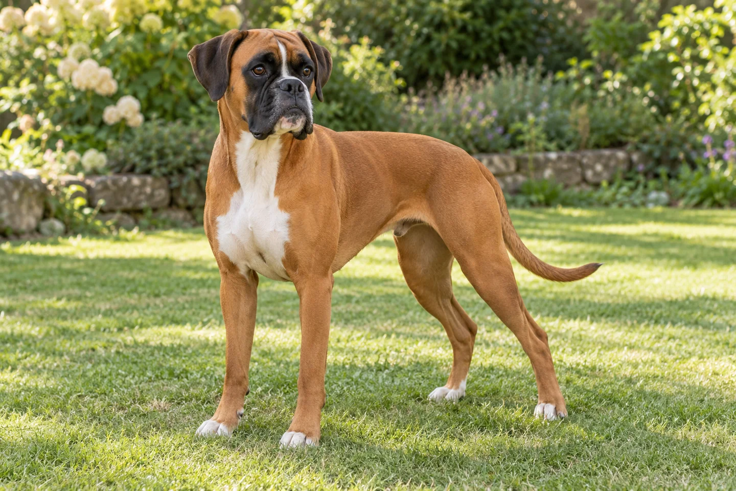 Adult fawn Boxer with a black mask, white chest, natural ears, and a long tail on a lawn