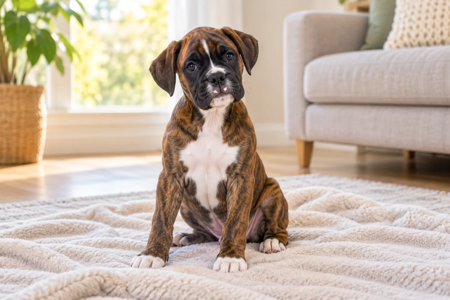 Brindle Boxer puppy with a white chest sitting on a pale blanket indoors