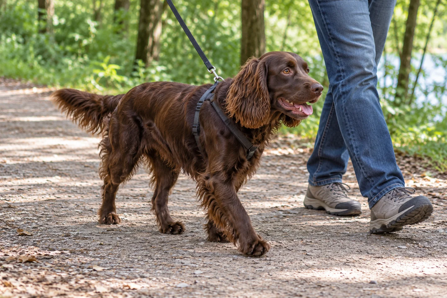 Boykin Spaniel adult wearing a harness on a quiet walk