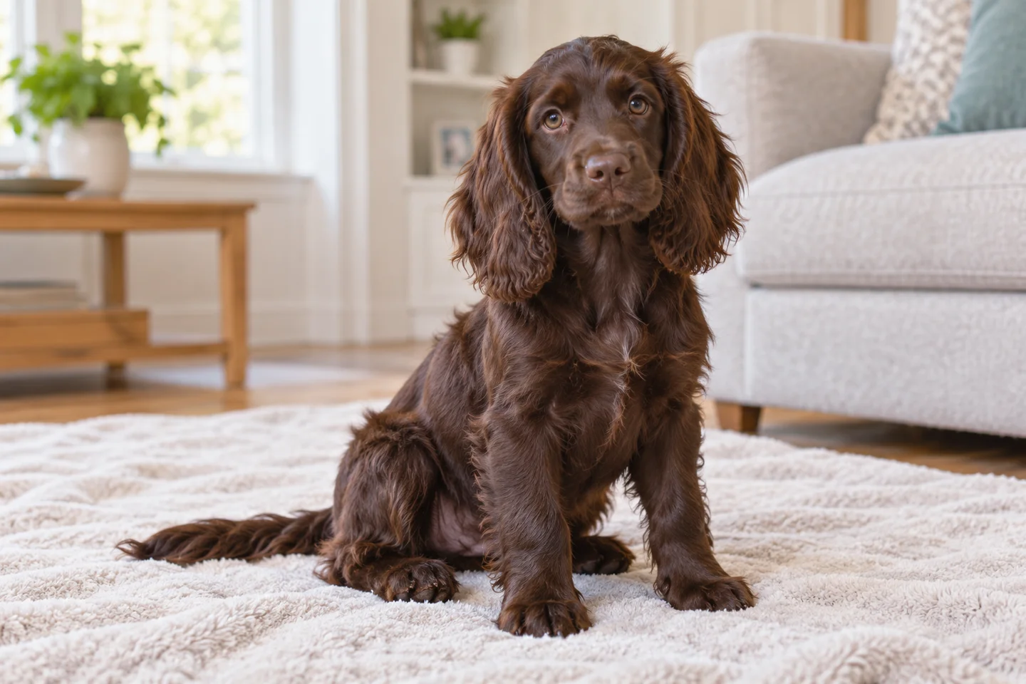 Boykin Spaniel puppy resting in a bright indoor setting