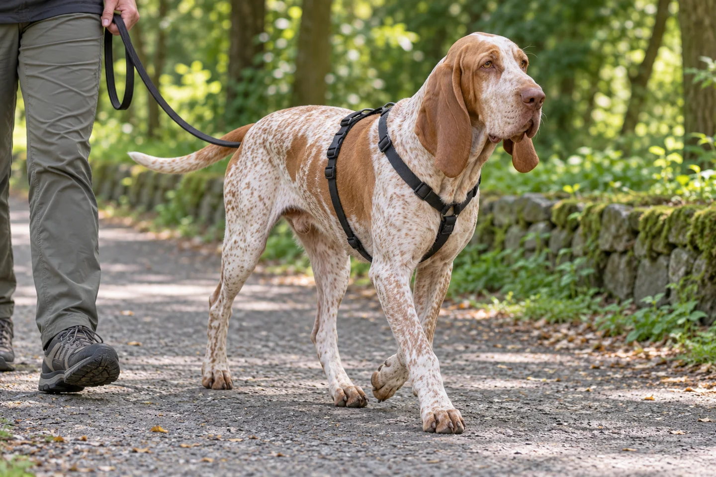 Bracco Italiano walking in a harness beside an adult on a quiet path