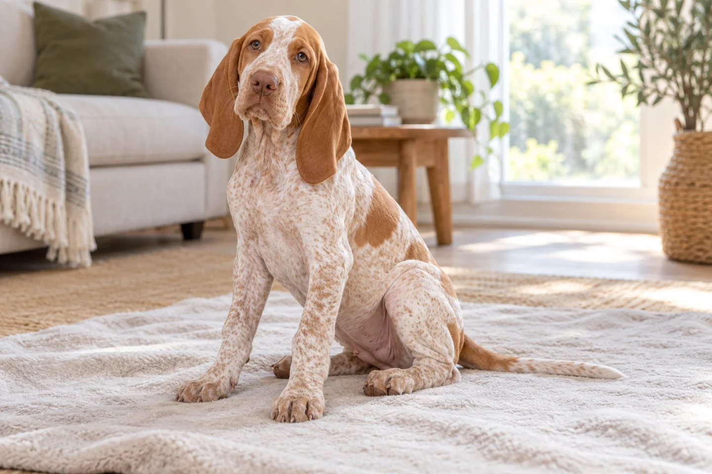 Bracco Italiano puppy resting on a pale blanket