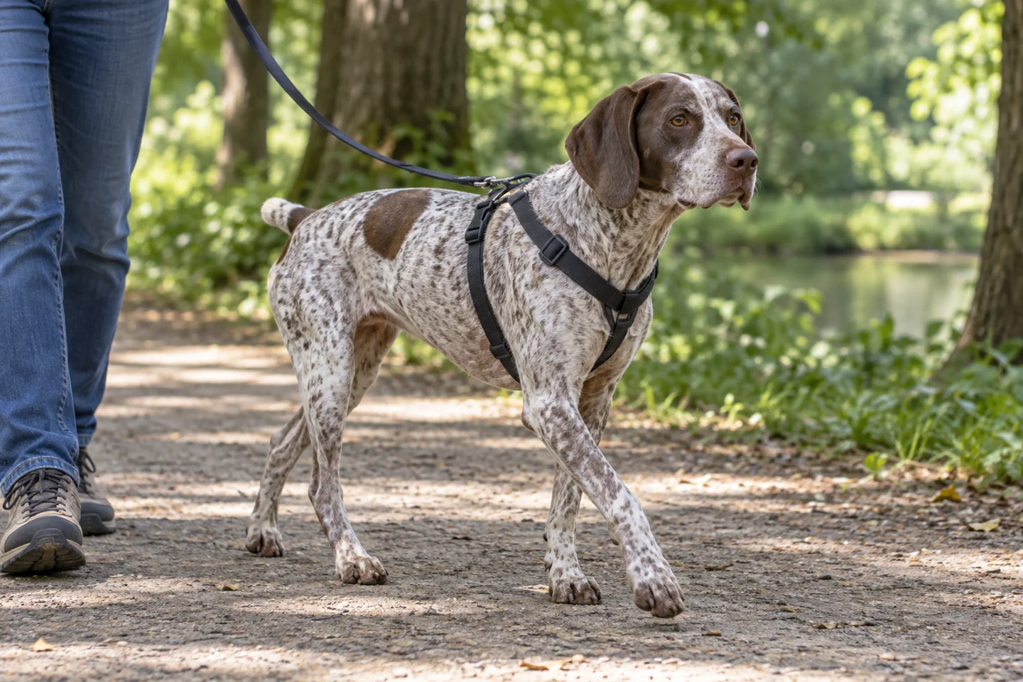 Braque du Bourbonnais walking in a harness beside an adult on a quiet path with a naturally short tail