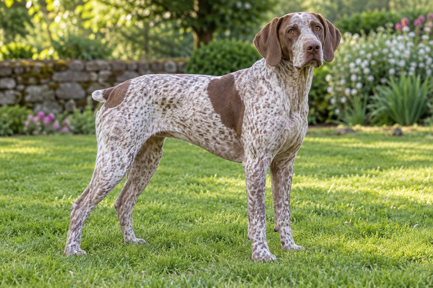 Braque du Bourbonnais standing on grass with a naturally short tail