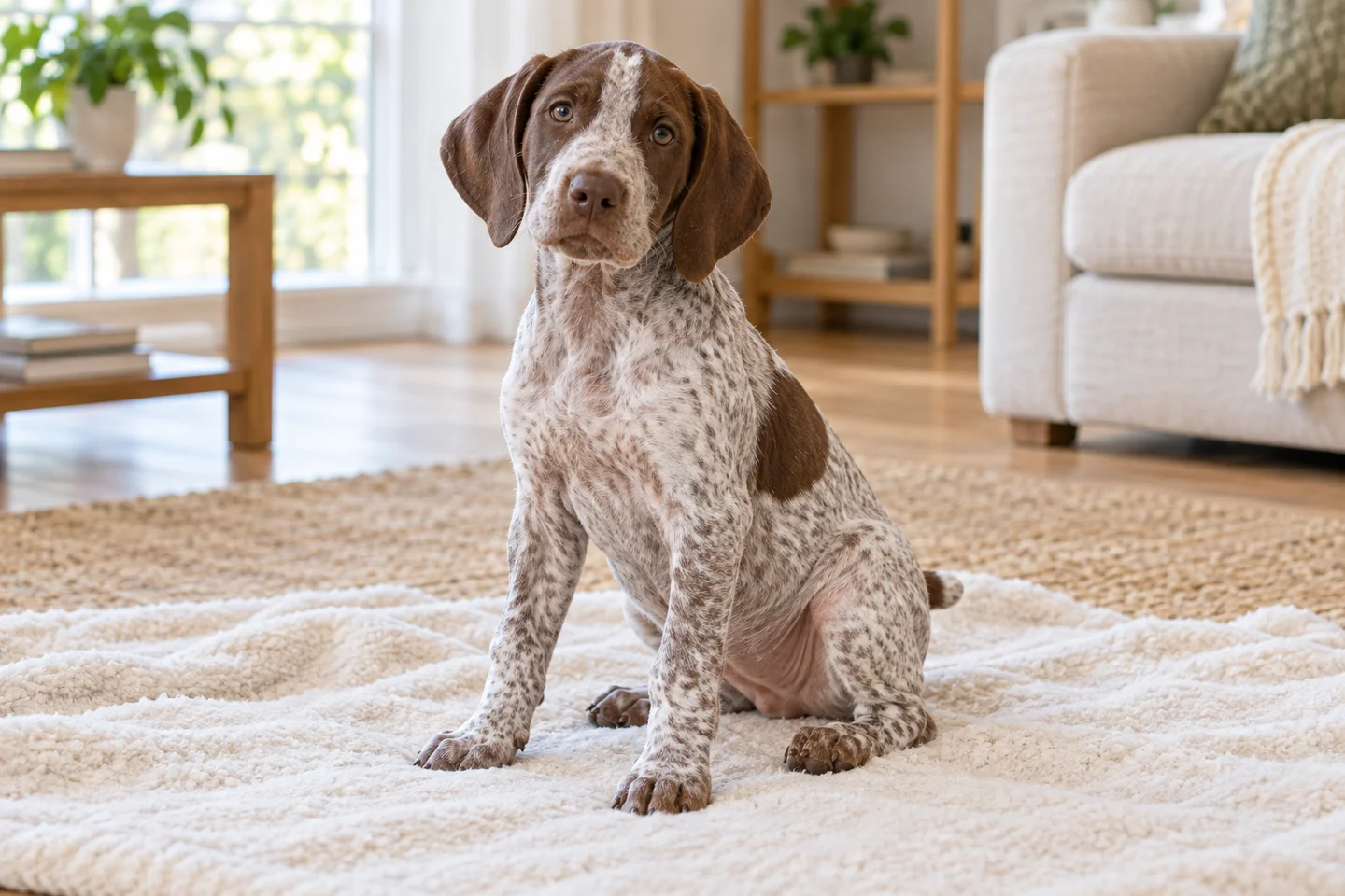 Braque du Bourbonnais puppy resting on a pale blanket with a naturally short tail
