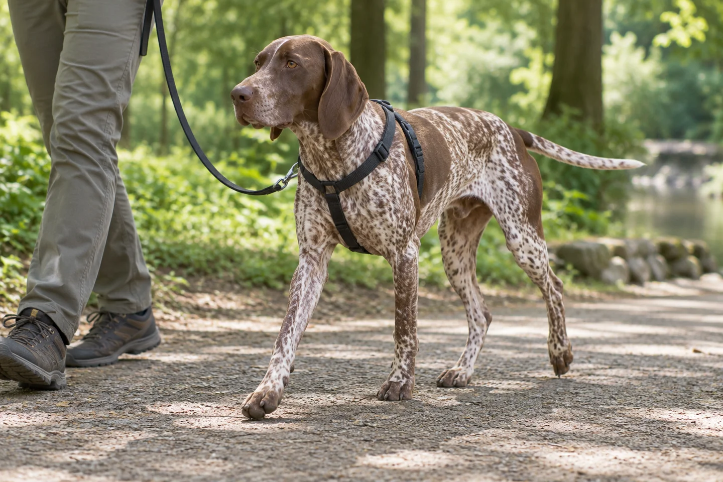 Braque Français of the Pyrénées type walking in a harness beside an adult on a quiet path