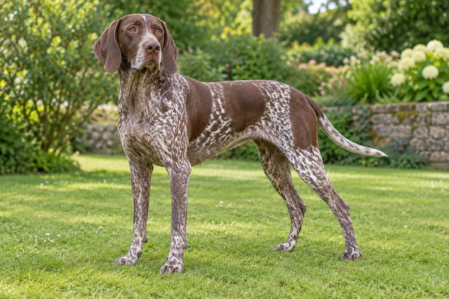 Braque Français of the Pyrénées type standing on grass