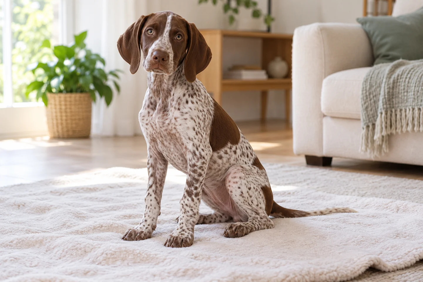 Braque Français of the Pyrénées type puppy resting on a pale blanket