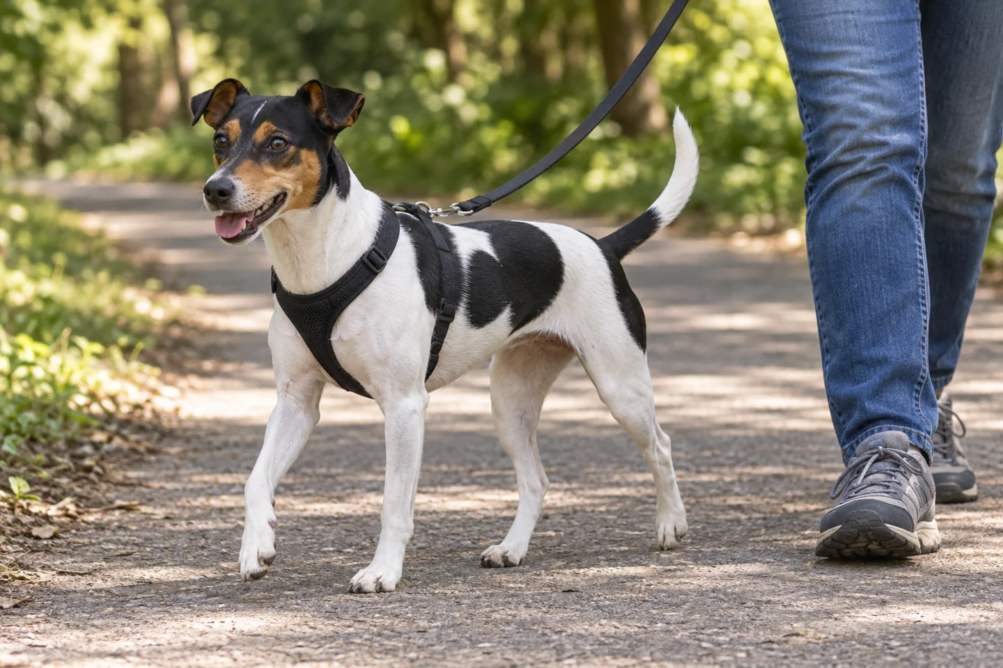 Brazilian Terrier walking in a harness beside an adult on a quiet path with a long natural tail