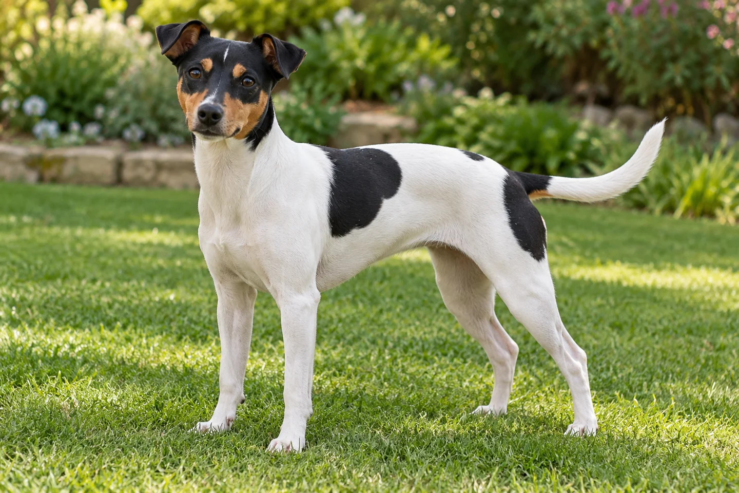Brazilian Terrier standing on grass with a long natural tail