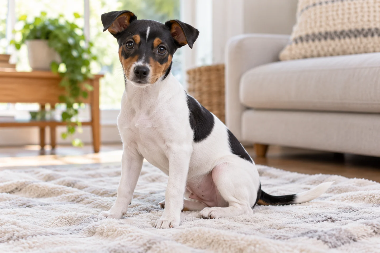 Brazilian Terrier puppy resting on a pale blanket with a long natural tail