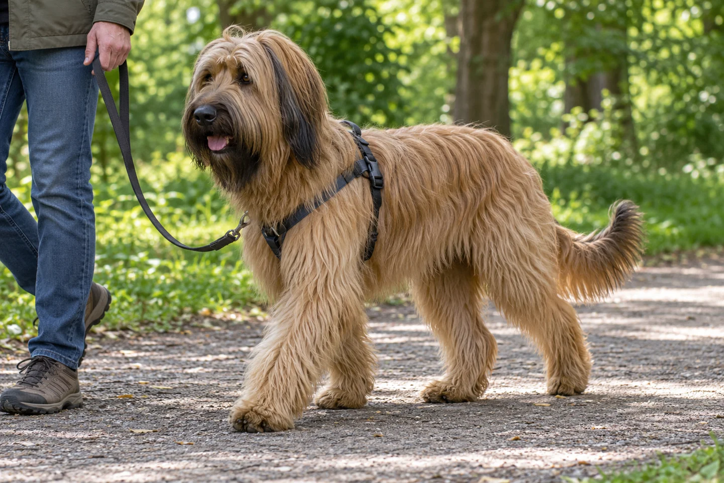 Briard walking in a harness beside an adult on a quiet path with a long natural tail