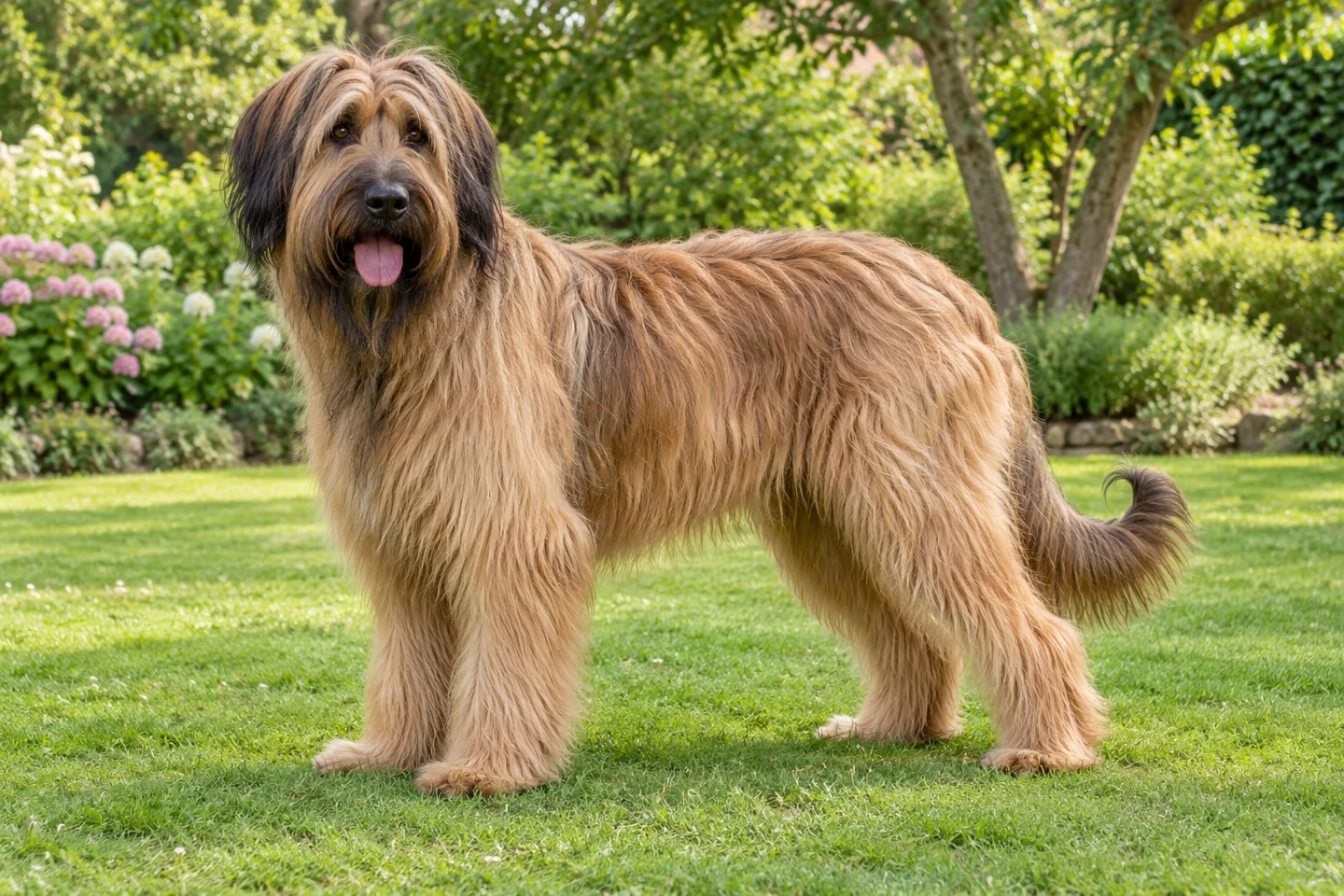 Briard standing on grass with a long natural tail