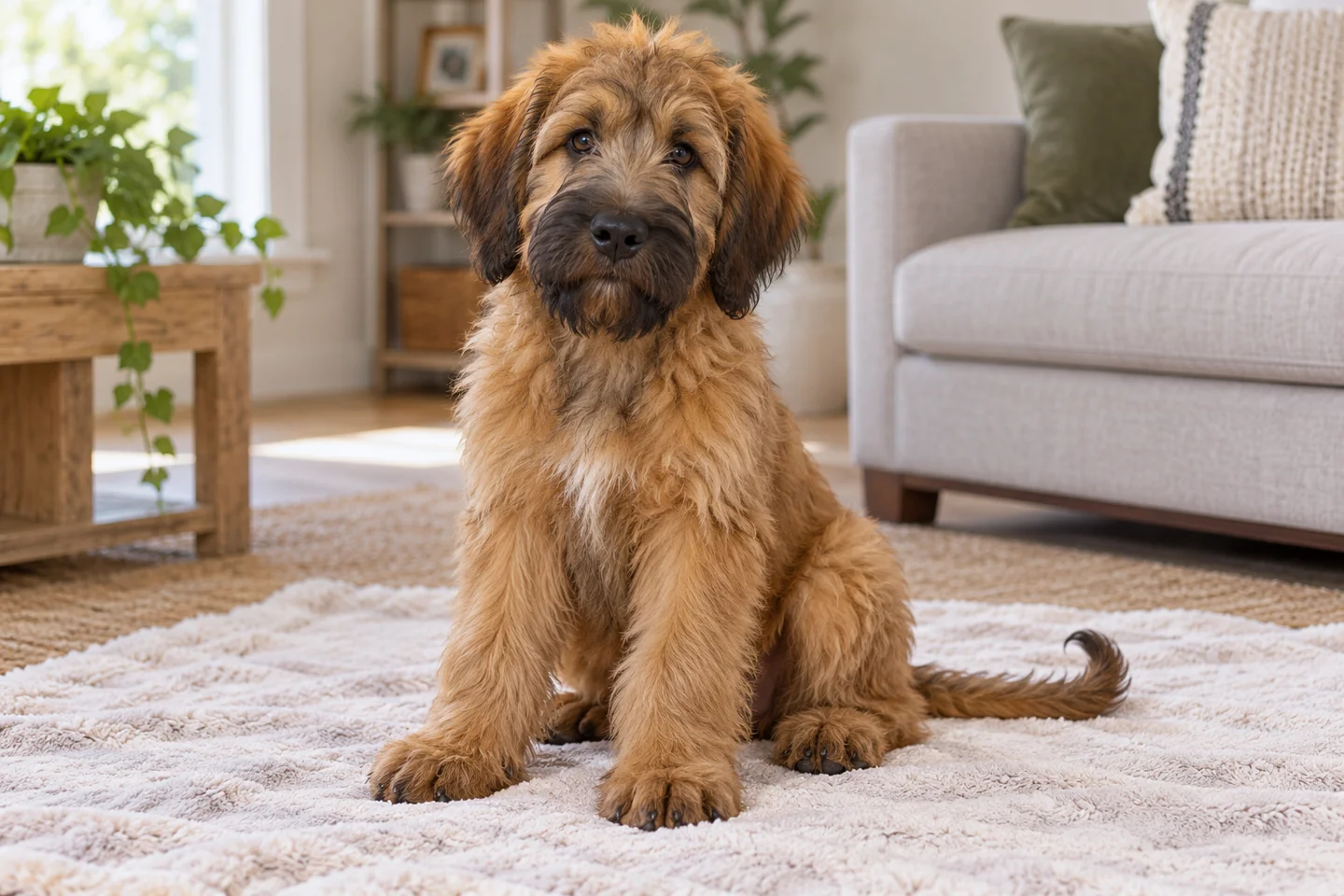 Briard puppy resting on a pale blanket with a long natural tail